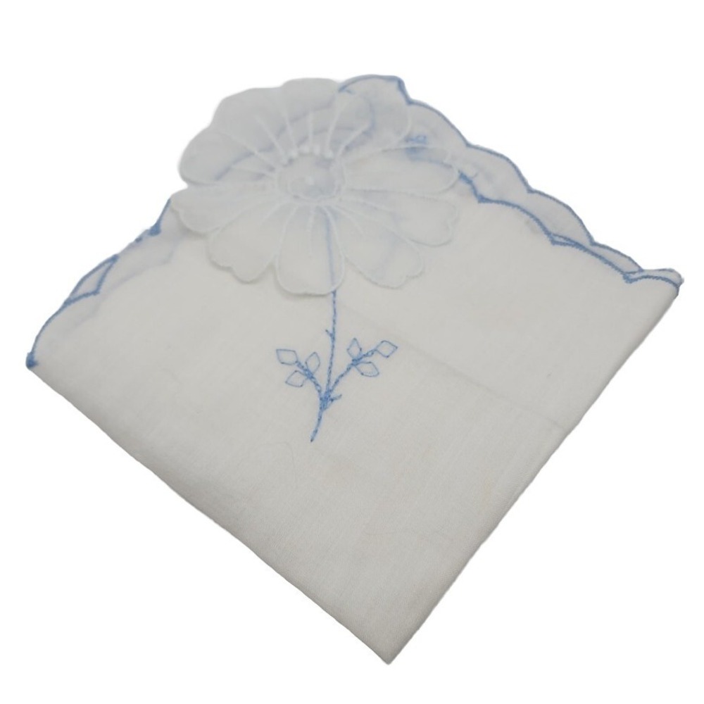 Vintage Blue Handkerchief Floral Embroidery Scalloped Edge Cottagecore Handcraft